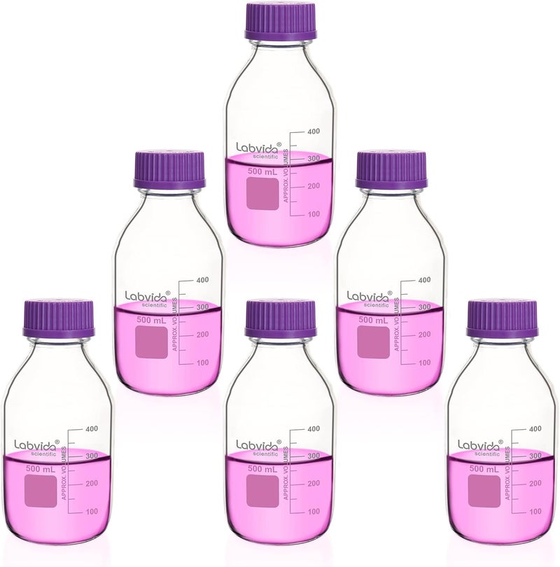 Labvida 6 pcs of 500ml Round Media Storage Bottles, with GL45 Screw Cap in Purple, 3.3 Borosilicate Reagent Bottles for Labs, Schools and Home Use Glass Bottles, LVAD006 - Image 1